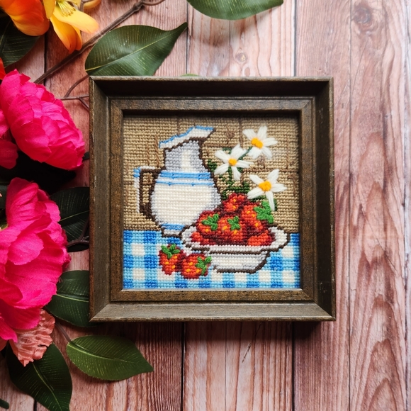Wall Decor Vintage 1977 Strawberries And Cream Jiffy Needlepoint Framed Art Cottagecore Poshmark